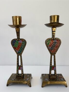 Vintage Terra Sancta Guild 1969 Brass Enamel Candlesticks Pair Israel MCM Decor